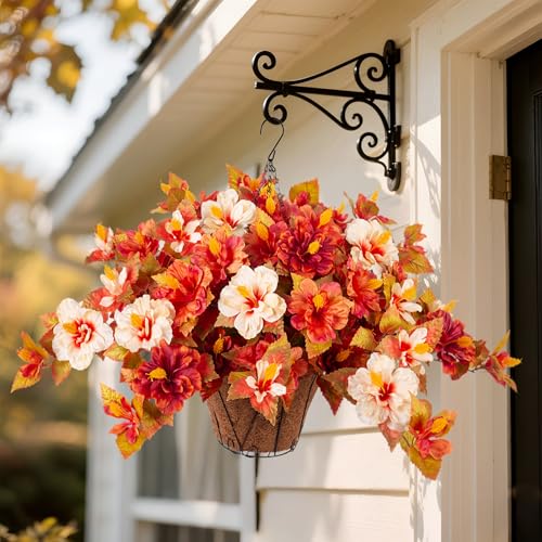 Artificial Fake Fall Hanging Flowers with Basket for Outdoors Decoration 3PCS Faux Fall Flowers for Outdoor Planters UV Resistant No Fade Silk Hibiscus for Home Porch Patio Garden Balcony Yard Decor - color: Hibiscus Zd-red Orange White Basket