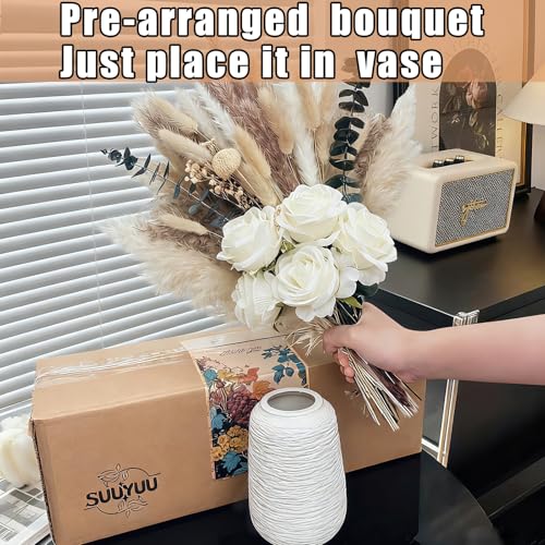 100pcs Dried Pampas Grass with Vase, Includes Artificial Silk Roses, Boho Natural Dried Flowers for Coffee Table Dining Room Home Decor Centerpiece, Farmhouse Rustic Floral Decoration for Living Room