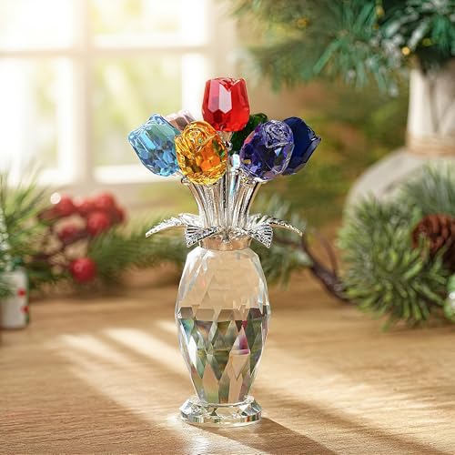 H&D HYALINE & DORA Colorful Crystal Rose Figurine - Rose Flower Gifts for Women - Wedding Party Collectible Figurines - Gift Box Included - color: Multicolor
