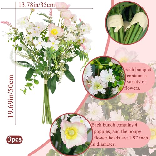 CISDUEO Artificial Wildflowers Flowers Silk Spring Floral Stems Arrangements Pink Poppies Flowers Daisies Faux Wild Flower Bundles Bouquet for Party Indoor Home Vase Wedding Table Summer Decoration - color: Pink, White, Green