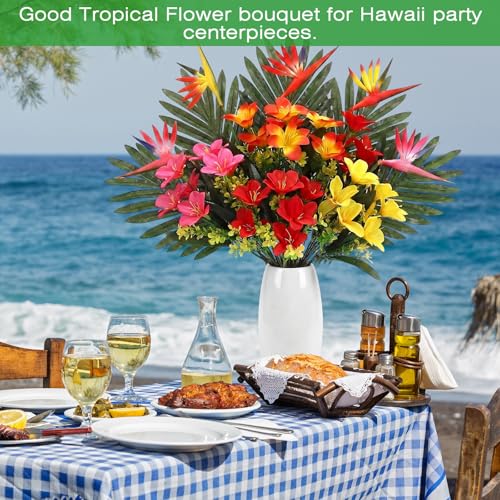 Hotop 4 Set/ 16 Pcs Artificial Tropical Flower Bouquets Bulk for Hawaii Centerpieces Bird of Paradise Lily Bouquet Permanent Flower Tropical Plant Party Office Home Decor (Multiple Color) - color: Multiple Color