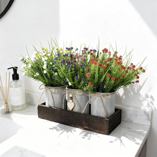 Artificial Baby’s Breath (Gypsophila) Centerpiece — 3-Metal-Pot Rustic Table Decor on Wooden Tray, Faux Gypsophila Bouquet for Home, Wedding, Party, Living Room & Dining Table Decor - color: Baby Breath Flowers