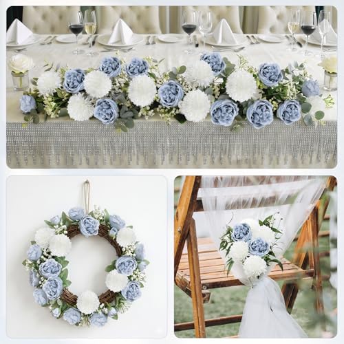 16 Bundles Artificial Flowers Peonies, Dusty Blue Silk Faux Peony Floral Arrangements Fake Peony for DIY Bouquet for Vase Centerpiece Home Wedding Party Centerpiece - color: Dusty Blue & White