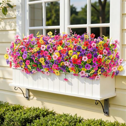 SHareconn 24 Bundles Artificial Flowers for Outdoors Decoration, Faux Plants Fake Silk Colorful Daisy Eucalyptus Lavender, UV Resistant for Outside Home Porch Indoor Spring Decor, 6 Colors incl. Red - color: Redrosypurpledeeppurpleyellowpink