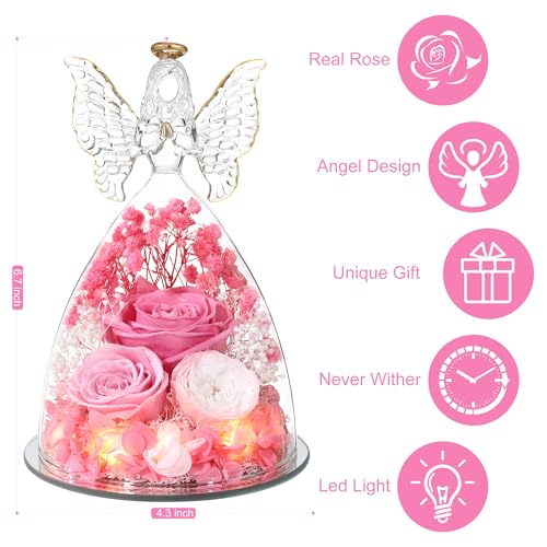 Mothers Day Rose Gifts for Women Preserved Real Flower in Glass Angel Figurines Roses for Delivery Prime Birthday Gifts for Mom Grandma Girlfriend Wife Her,Pink Austin Roses - color: Pink With Austin Roses