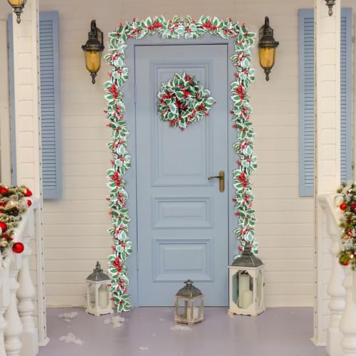 MAKHOT 6Ft Eucalyptus Garland, Green Leaves Wreath Vines Garlands Decorations, Artificial Red Berry Garland for Fireplace Gate Mantle Table Home Party Decor（1PCS）