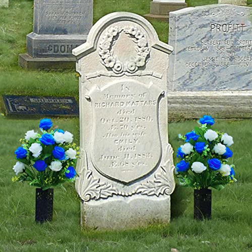 LVXINLI 2 Sets Artificial Cemetery Flowers,Memorial Flowers,Beautiful Arrangements for Headstones,Black Plastic vase with Drainage Hole Long Spikes Outdoor Memorials(Dark Blue)… - color: Dark Blue