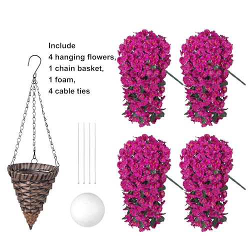 HyeFlora Artificial Fake Hanging Flowers Plants Baskets for Outdoor Outside Decoration, Faux Silk UV Resistant Realistic Fuchsia Morning Glory Planter for Home Porch Patio Balcony Garden Yard - color: Fuchsia Morning Glory