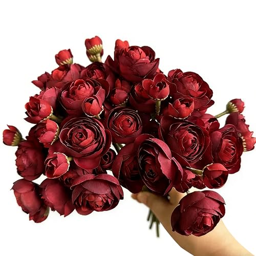 Silk Ranunculus Artificial Flowers Bulk 18PCS - Dark Red Silk Bouquet for Wedding Centerpieces, Bridal Shower, Home Decor Arrangements, Valentine's Day,Mother's Day - color: Wine Red