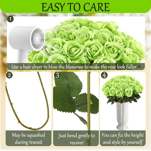 36 Pcs Silk Green Rose Bouquet Bridal Artificial Flowers,Fake Rose Long Stem Realistic Flowers Bulk for Wedding Bouquet Ball Arrangement Centerpiece Party Decor - color: Light Green