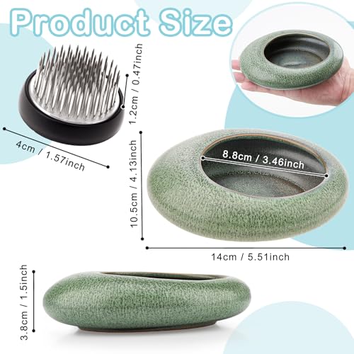 Folmywy Japanese Ikebana Flower Frog Vase Kit Flower Arrangement with 1.57 Inch Kenzan Ceramic Flower Stem Holder Green Round Bowl Pot for Home Table Decor Art Supplies (5.51x4.13in) - color: Green
