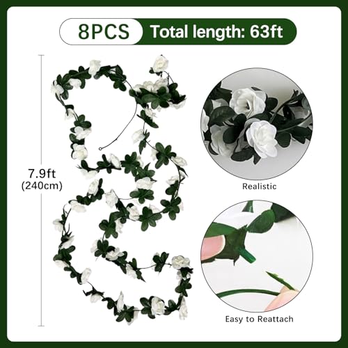 8Pcs 63Ft White Rose Garland, Fake Flower Vines, Artificial Vine Flowers, Rose Hanging Garland for Party Wedding, Garden, Room Table, Christmas, Backdrop Wall Arch Decor - color: White, size: 8Pcs-63Ft