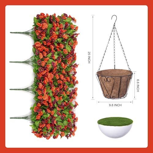 INXUGAO Artificial Flowers with Hanging Basket, Outdoor Faux Plants Silk Morning Glory Vines, Fake Green Arrangement for Garden Patio Spring Summer Decor(4pcs,Orange Brown) - color: Orange Brown