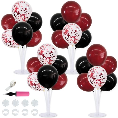TONIFUL 4 Set Wine Red and Black Balloon Centerpieces for Table,Balloon Stand Kit for Black Red Party Decor 2026 Graduation,Wedding,Chinese New Year,Retirement,Halloween,Birthday Party Decorations - color: Black Wine Red Confetti
