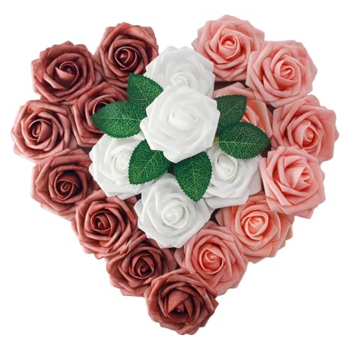 [25 PCS] Multi Pink Roses Artificial Flowers with Long Stem Real Touch Fake Foam Roses for Decoration DIY Wedding Bouquets Centerpieces Bridal Shower Mothers Day Party Flower Arrangements Home Decor - color: Multipink