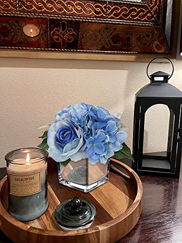 GnFlus Artificial Flowers in Vase Fake Silk Hydrangea Rose Flower Arrangement Faux Potted Flowers for Indoor Home Bathroom Office Table Shelf Decor, Blue - color: Blue, size: 3-in-1