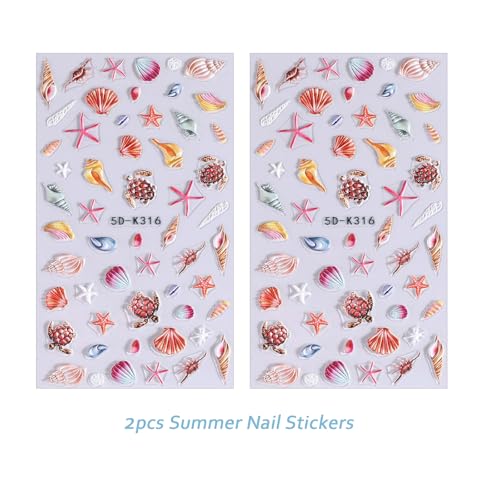 Summer Ocean Nail Decals 5D Embossed Nail Art Sticker 2PCS Beach Sea Shell Starfish Turtle Ocean Sliders Holiday Nail Stickers DIY Charms Decorations Self Adhesive Manicure Supplies - style: Style4-Summer Ocean