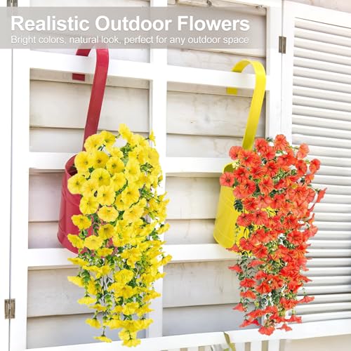 Artificial Flowers for Outdoors Decoration, 4Pcs Fake Hanging Flowers Morning Glory UV & Fading Resistant, Artificial Faux Plants Deocr for Home Porch Patio Balcony Planter Yard Garden Farmhouse - color: Orange