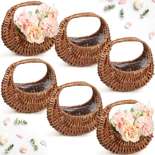 Hushee 6 Pcs Flower Girl Basket Small Wicker Basket with Handle and Waterproof Lining 6.7 x 6.5 x 4.3 Inch Rattan Tiny Baskets for Wedding Flowers Sweets Gifts Picnic Storage Home Decor