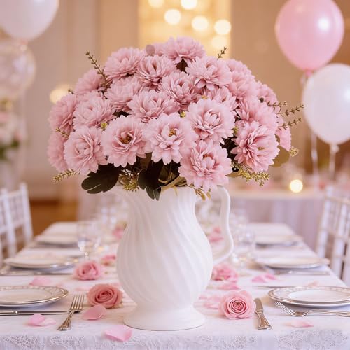 18 Heads Pink Artificial Chrysanthemum Flowers Fake Mums Pink Kiku Ball Flowers Bouquet Silk Chrysanthemums for Indoor Outdoor Table Centerpiece Vase Pots Wedding Decoration, 2 Pcs - color: Pink Chrysanthemum