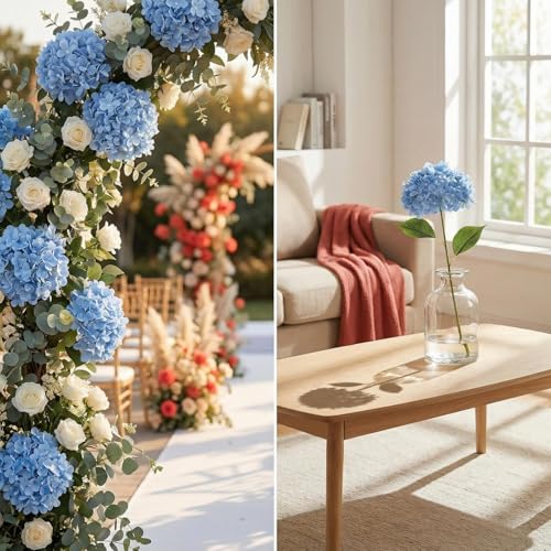 Blue Hydrangea Artificial Flowers 10pcs 22" Faux Hydrangea (10, blue) | Bouquets Arrangement For Home Table Centerpieces Wedding Baby Shower Birthday Party Decoration - color: Blue