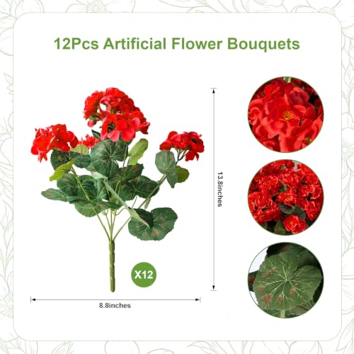 12 Bundles Artificial Geranium Fake Flowers for Outdoor UV Resistant, Outside Spring Red Flower Decoration for Home Kitchen Table Cemetery Garden Planter, Front Door Silk Faux Plants - color: Red, size: 12ps