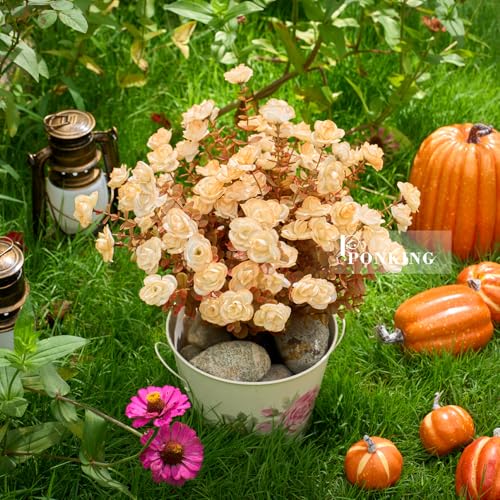 PONKING Artificial Flowers for Outdoors Patio Decoration 6 Bundles Fake Flower Rose UV Resistant Faux Plants Yard Garden Porch Home Boxwood Patio Halloween Decor, Fall Champagne Flower - color: D Fall Champagne Rose 6pcs
