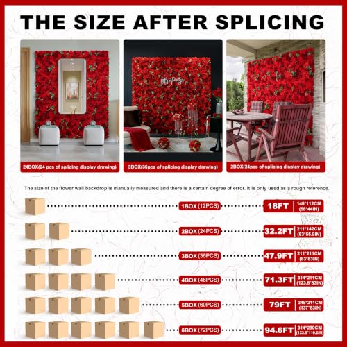 Artificial Flower Wall Backdrop 6 Piece 16.5x16.5inch Red Silk Rose Wall Artificial Floral Panel Ideal for Wedding Celebrations Arrangement Festive Party Backdrops and Elegant Home Decor - color: Red, size: 16.5inch