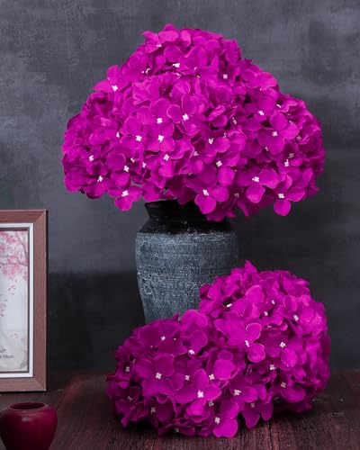 DuHouse 8.7" Silk Hydrangea Flower Heads with Stems Fake Hydrangeas Flowers for DIY Wedding Centerpiece Home Decor,Pack of 6(Dark Fuchsia) - color: Dark Fuchsia