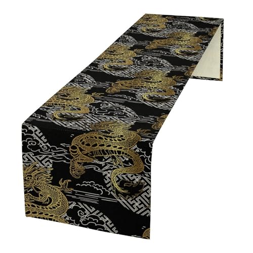 Chinese Dragon Table Runner, Black Gold Chinese Oriental Art Farmhouse Linen Table Runner for Coffee Table Kitchen Dining Wedding Party Holiday 13x36in - color: Aisa-4, size: 13x36in