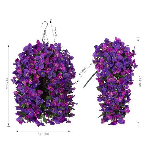 Bougainvillea Artificial Hanging Fake Flowers with Basket for Outdoors Decoration, Faux Silk Flowers UV Resistant Fake Plants Long Vines Realistic for Outside Front Door Porch, Dark Purple Fuchsia - color: Dark Purple Fuchsia