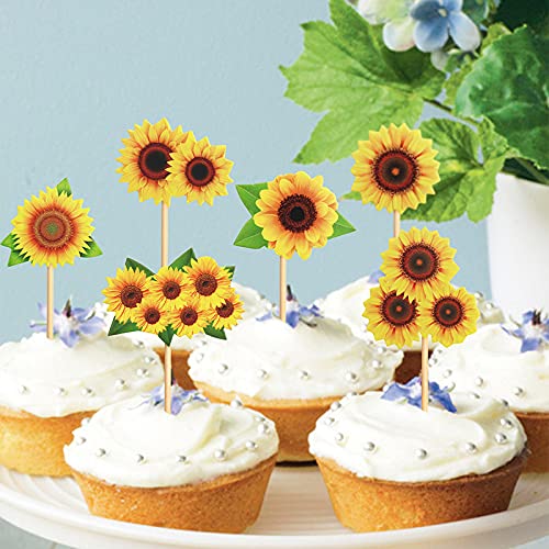 36Pcs Printed Sunflowers Cupcake Toppers Yellow Flowers Cupcake Picks for Yellow Floral Birthday Party Sunflower Theme Baby Shower Wedding Anniversary Graduation Party Cake Cupcake Decorations - color: Sunflowers