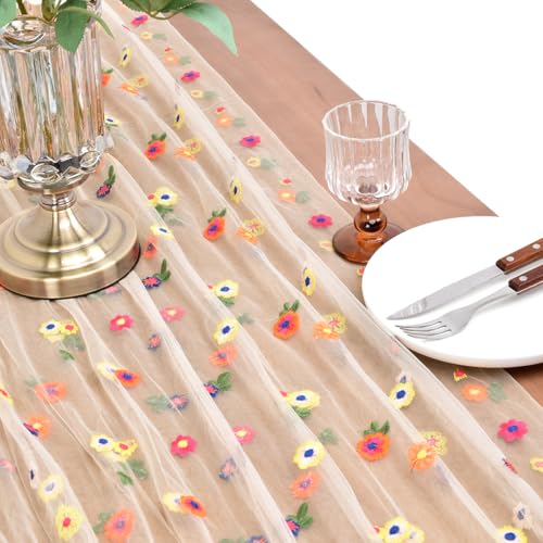 Joanlody 6pcs Champagne Embroidery Daisy Spring Summer Table Runner Florals Seasonal Tulle Table Runner for Home Garden Tea Party Holiday Birthday Decoration - color: Champagne, size: 10ft x 6pack