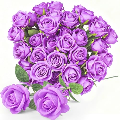 Rose Artificial Flowers Velvet Bouquet with Long Stem Real Touch Fake Roses Florals for Bridal Wedding Bouquet Party Arrangement Centerpiece Decorations (36, Light Purple) - color: Light Purple