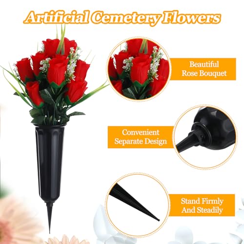 Tigeen 6 Sets Father's Day Cemetery Flowers with Grave Vase 12 Bunches Artificial Rose Memorial Bouquet 84 Heads Fake Silk Flower for Dad Gravesite Graveside Decor(Red) - color: Red
