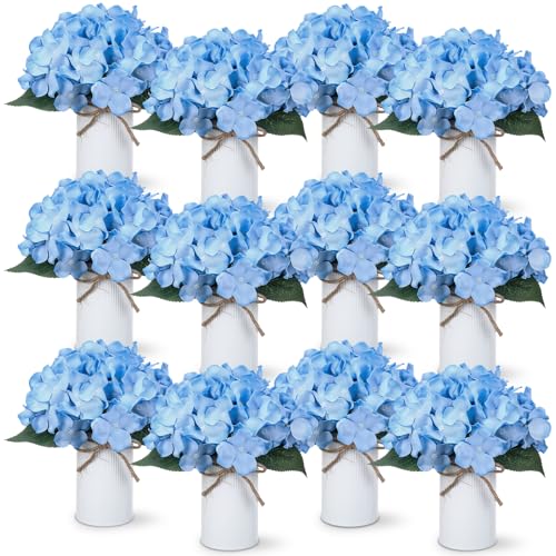 Zeyune Blue 12 Sets Wedding Flower Table Centerpieces Artificial Hydrangeas with Rustic Metal Vase Fake Hydrangea Flowers in Pot Floral Arrangement for Wedding Bridal Tea Party Table Home Decor - color: Blue