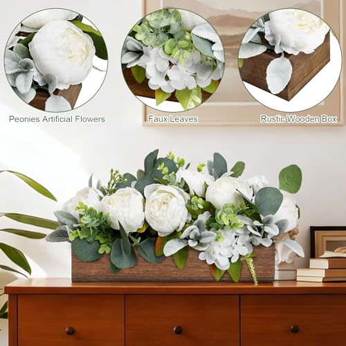 Pre-Made Flower Centerpieces for Table, Artificial Floral Centerpieces for Dining Table Wood Fake Peony Hydrangea Centerpiece for Wedding Living Room Party Bar Kitchen Table(White) - color: White