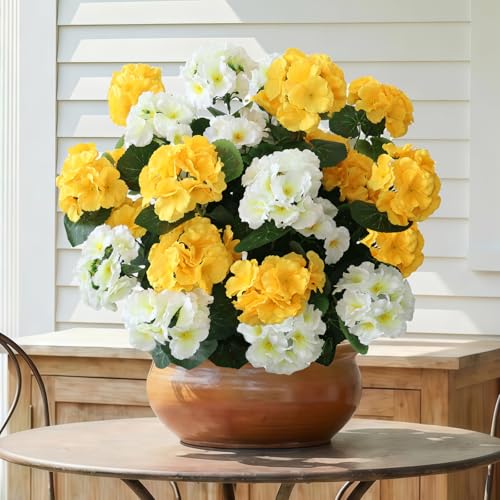 Muhanjia 26’’ Artificial Geranium Flowers for Outdoor Decoration,2PCS Silk Geranium Flowers UV Resistant Floor Plants for Garden Porch Patio Table Centerpieces Home Decor (White&Yellow) - color: White&yellow