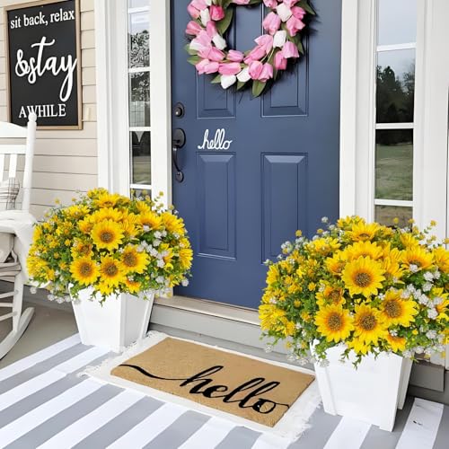 Artificial Sunflowers Faux Flowers Plants for Outdoor Summer Fall Decoration, Fake Silk Realistic UV Resistant Yellow Sun Flowers for Outside Porch Planters Patio, 8 Bundles - color: Yellow
