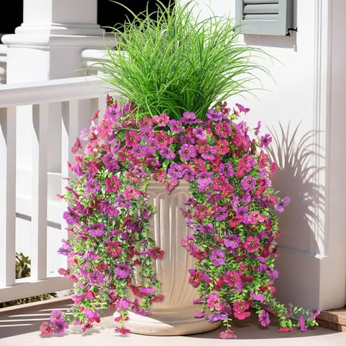 Artificial Hanging Flowers with Wheat Grass for Outdoors, 5 Pcs Fake Hanging Plants for Spring Decor, UV Resistant Faux Silk Flower Greenry for Planter Porch Patio Yard Garden(Light Purple Red) - color: Z Light Purple Red With Grass