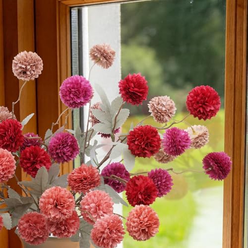 INQCMY Artificial Flowers 12 Pcs Fake Chrysanthemums Faux Kiku Flower Long Stem 20" Realistic Silk Pompon Mums for Vase Wedding Bouquets Centerpieces Home Decor (Deep Orange Red Coffee Deep Purple) - color: Deep Orange Red Coffee Deep Purple