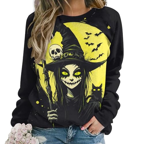 MARSVOVO Witch Sweatshirts For Women Novelty Halloween Witch Print Spooky Season Fashion Party Long Sleeve Fall Tops - color: A Black, size: X-Large