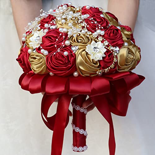 Bridal Wedding Bouquet with Rhinestone Brooch Pearl Bouquet for Bride Bridesmaid Quinceanera Satin Rose Flower Bouquet Wedding Burgundy and Gold 8.7in - color: Burgundy and Gold (Standard Size: Dia.8.7")