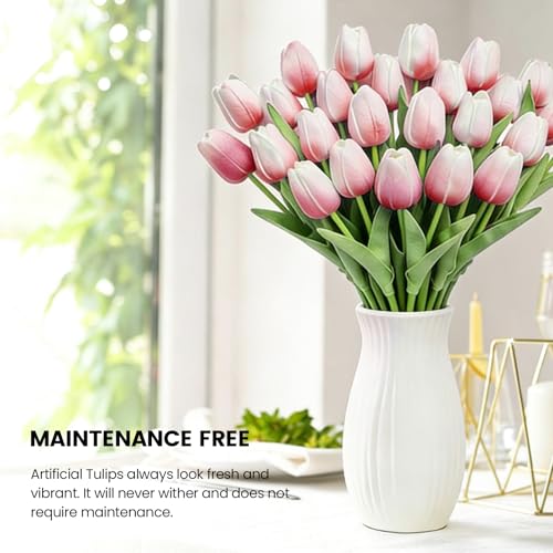 30 PCS Artificial Tulips Real Touch Tulips 13.5inch Long Stem Fake Flowers Silk Flowers for Spring Easter Mother's Day Decorations (White×Pink) - color: White×pink