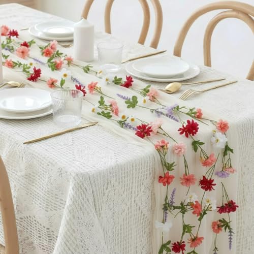 6 Pcs 35.4 Inch Artificial Wildflower Garlands with 3 Pcs 10 Ft Wedding Tulle Table Runner Wildflower Vines Floral Table Runner Garlands for Wedding Bridal Shower Spring Tea Party - style: Small Flower
