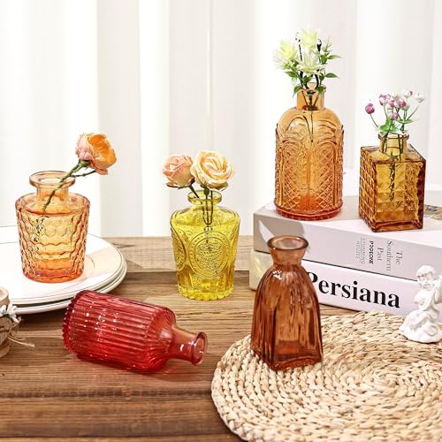 30Pcs Colored Glass Bud Vases, Wedding Table Decor, Bulk Housewarming Gift | Colored bud vases in bulk, Rustic embossed,Vintage-styled glass vases for centerpieces,15 unique vintage styles(2 per design) - color: Orange Yellow Series