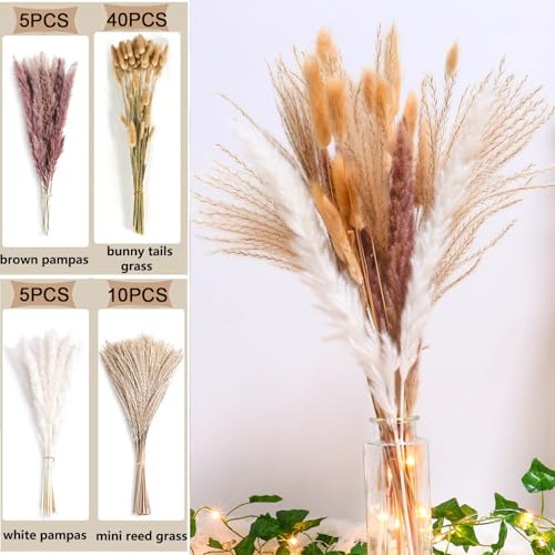 60PCS of Boho Pampas Grass in Glass Vase with LED Lights & Faux Crystals, Naturally Dried Pompas, Bunny Tails Dried Flowers,Perfect for Weddings, Farmhouse Boho Wall Bathroom Office Kitchen Decor - color: Multi-colored With Glass Vase