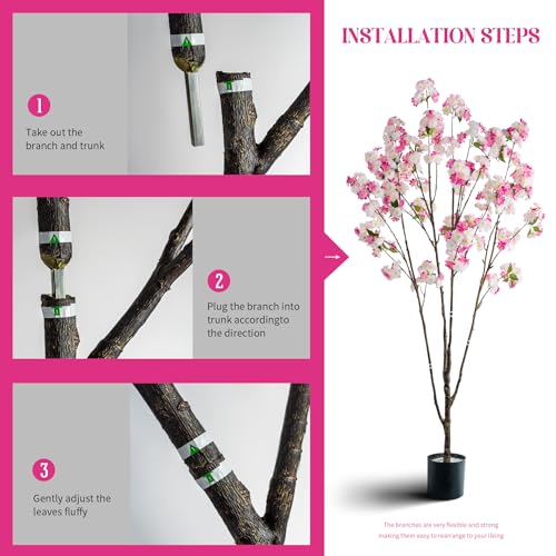 Ttranewsoo Fake Tree Cherry Blossom Tree Artificial Cherry Blossom Tree Tall Fake Plant Faux Trees Indoor Fake Trees Artificial Trees Home Decor Indoor Applies to Living Room Bedroom (Pink Rose) 81.9" - color: 2m Pink Rose