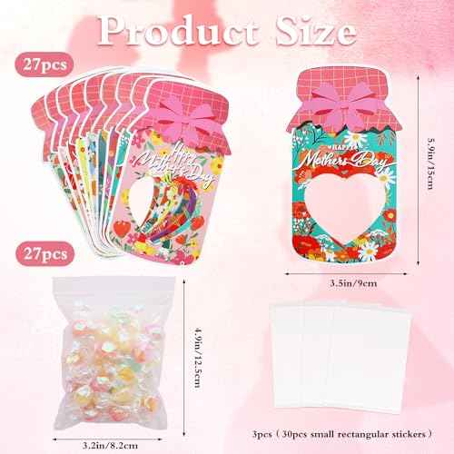 Avxdbr 27 Pack Mother’s Day Mason Jar Candy Cards DIY Heart Cutout Floral Cards with Treat Bags and Tape Mother’s Day Treat Bags with Heart Window for Mom