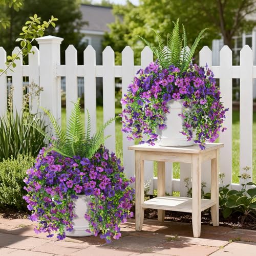 INQCMY Artificial Fake Hanging Flowers with Fake Fern for Outdoors UV Resistant Artificial Plants Spring Decor Look Real Faux Flowers for Outside Home Planter Porch Patio Decor - color: 3pcs Double Purple,1pcs Fern